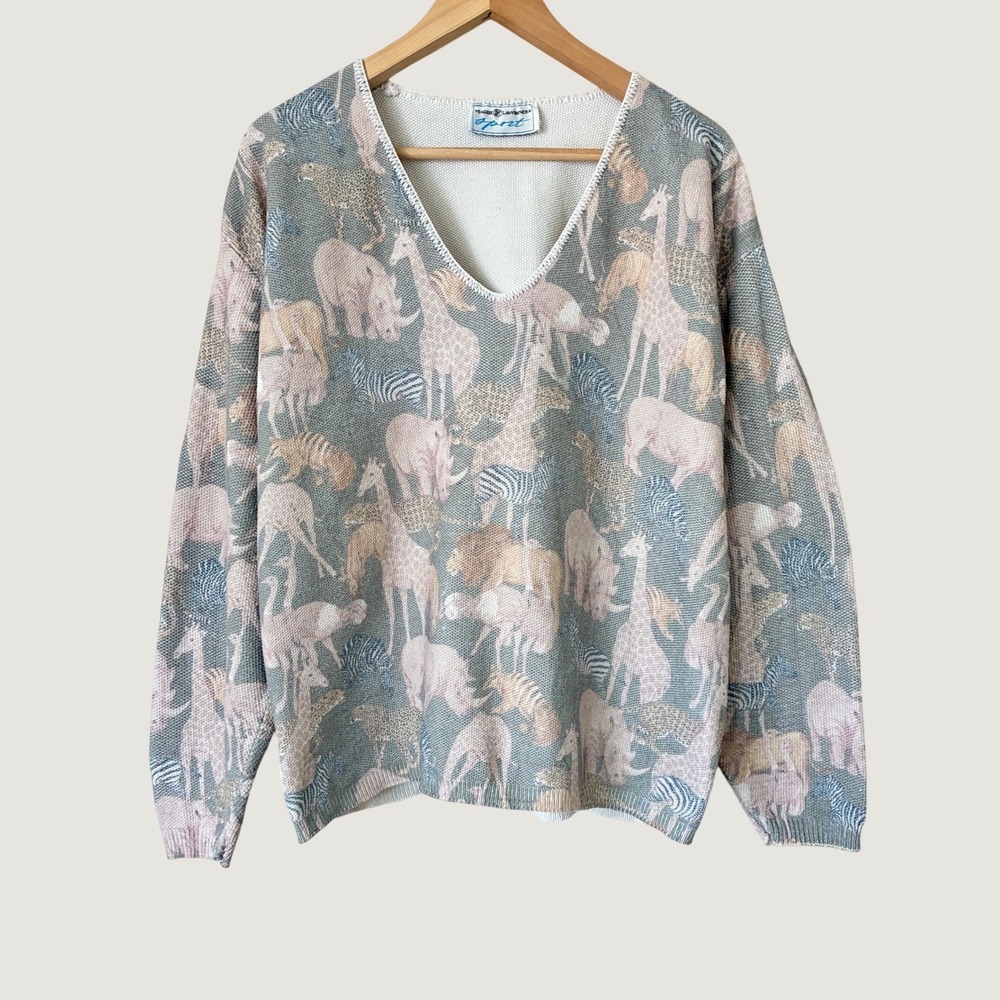 Maggie Lawrence‎ Sport Vintage Safari Animal Print V-Neck Knit Sweater Pastel L